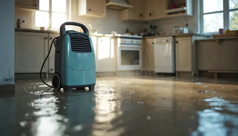 Flooded kitchen with dehumidifier appliance